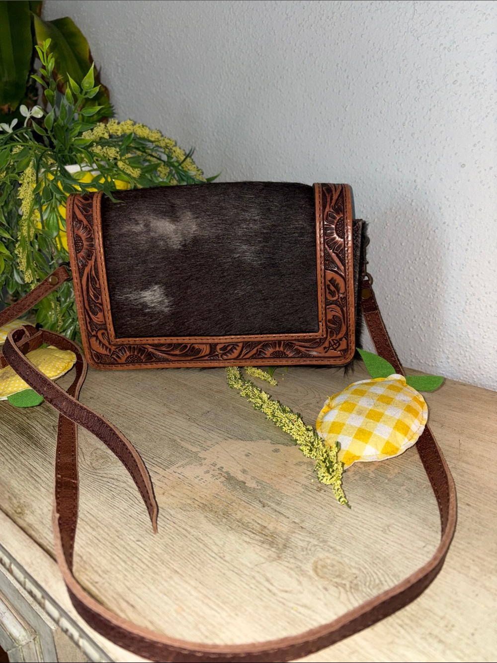 American Darling Hand-Tooled Leather Crossbody with Dark Haircalf Panel